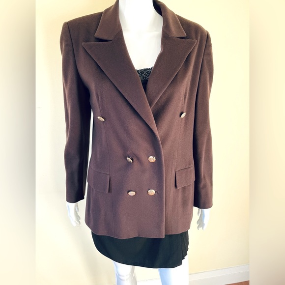 Dark chocolate brown wool blazer double breasted double collar gold buttons US 8 - Picture 1 of 16